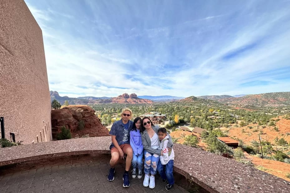 ET family beside at the chapel, overlooking Sedona town.